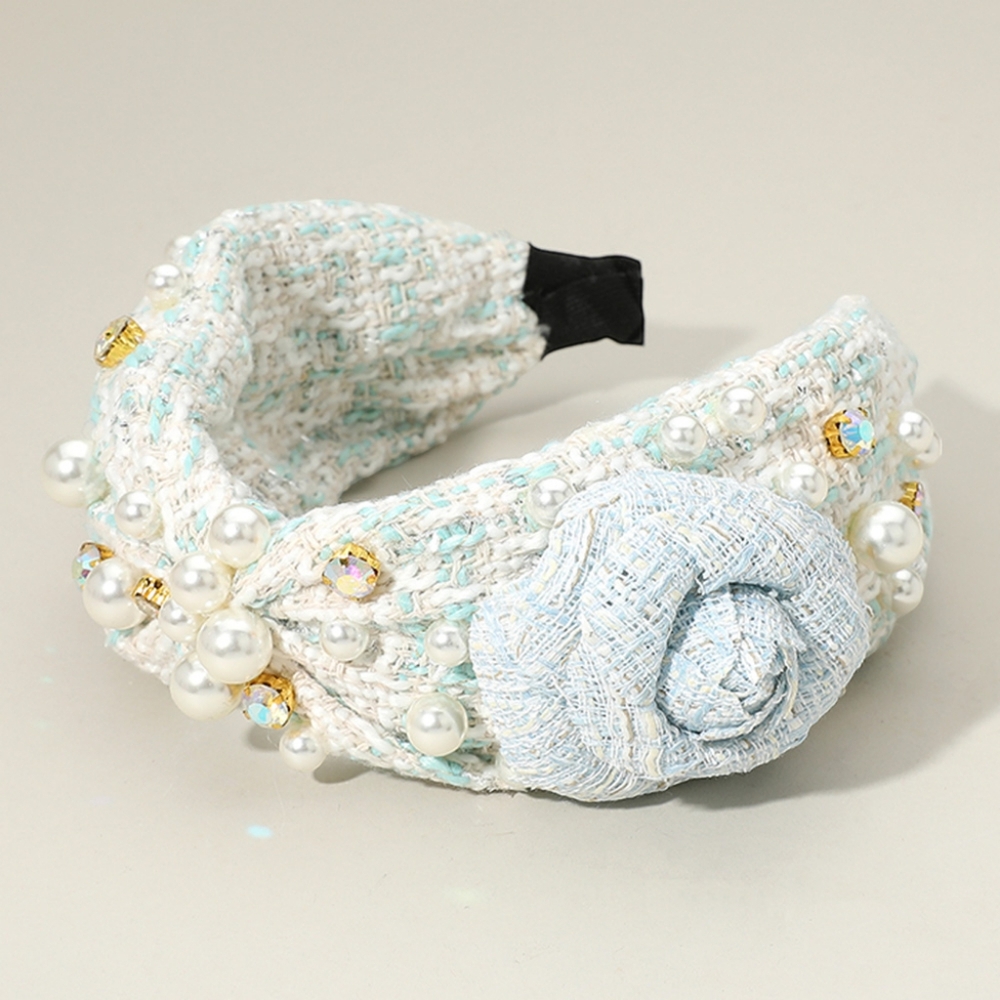 White Tweed Flower Pearl Knot Wide Fabric Headband Hair Fashion Accessory